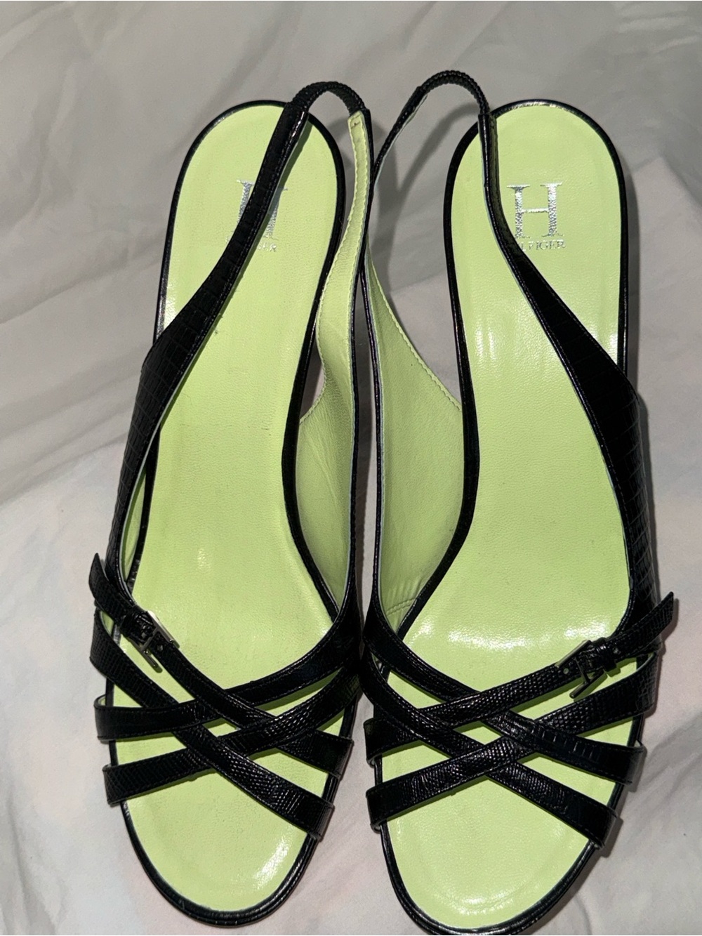 Tommy Hilfiger Black Croc-Embossed Leather Strappy Slingback Heels | Size 9.5